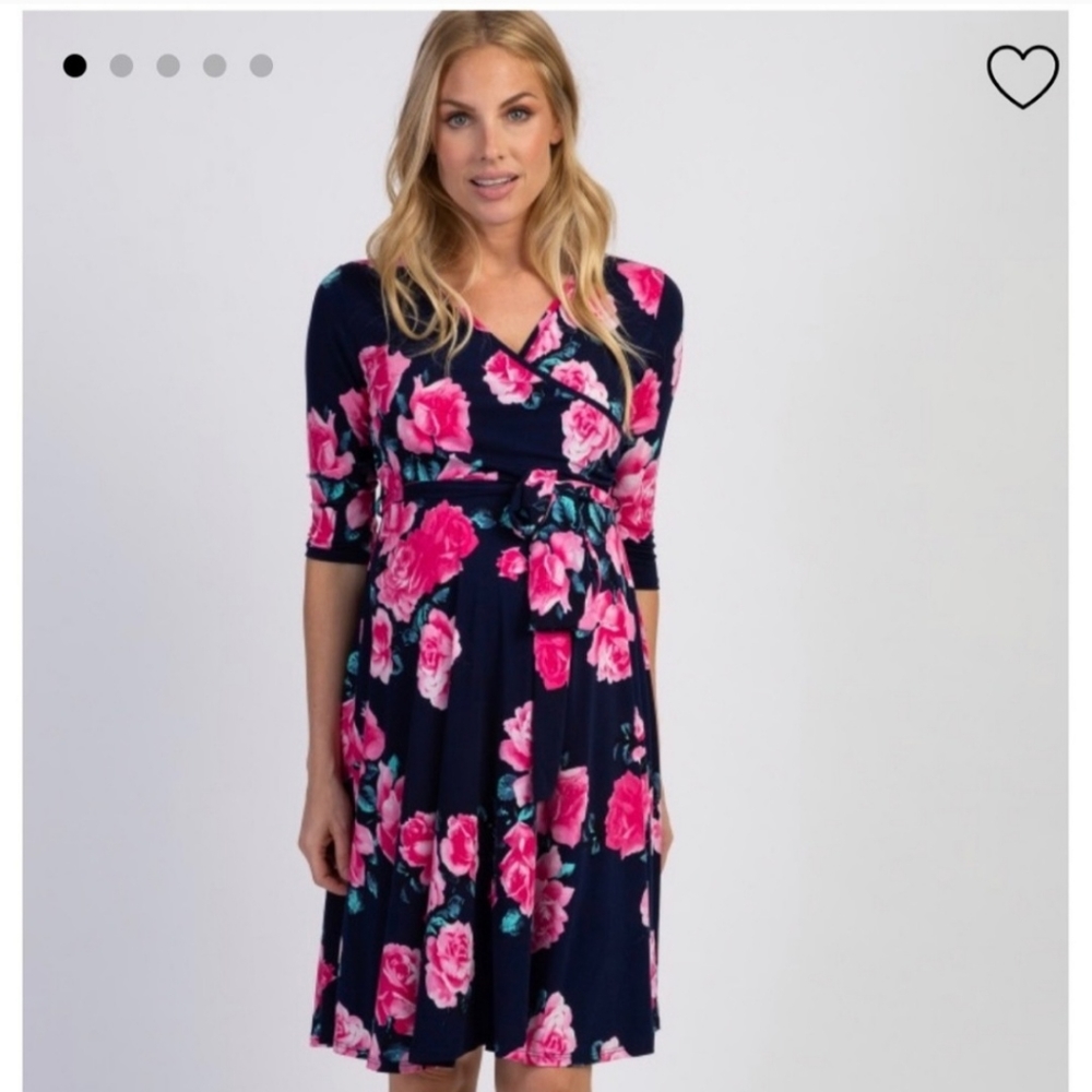 Blue & Pink Floral Maternity Wrap Dress
